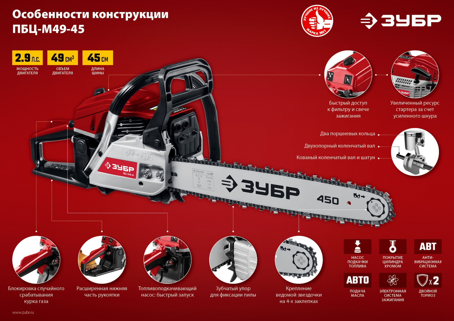 Бензопила ЗУБР 49 см3, 45 см (ПБЦ-М49-45)