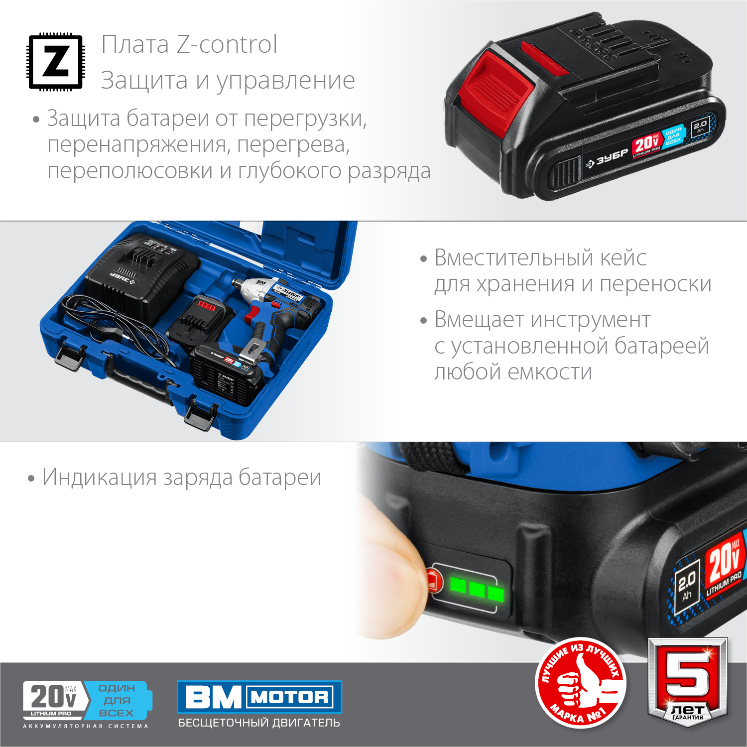 Гайковерт бесщеточный ЗУБР Профессионал Т7, 20 В, 280 Н·м, 2 АКБ (2 А·ч), кейс, (GB-250-22)