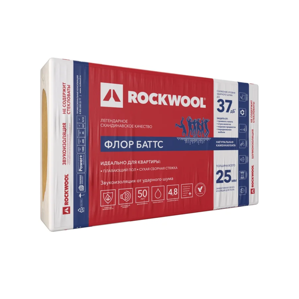 Утеплитель Rockwool Флор Баттс 25х600х1000мм ( 8шт/уп. 4,8м2 0,12 м3)