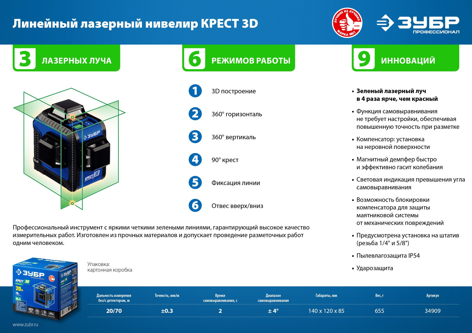 Лазерный нивелир ЗУБР КРЕСТ 3D, Профессионал (34909)