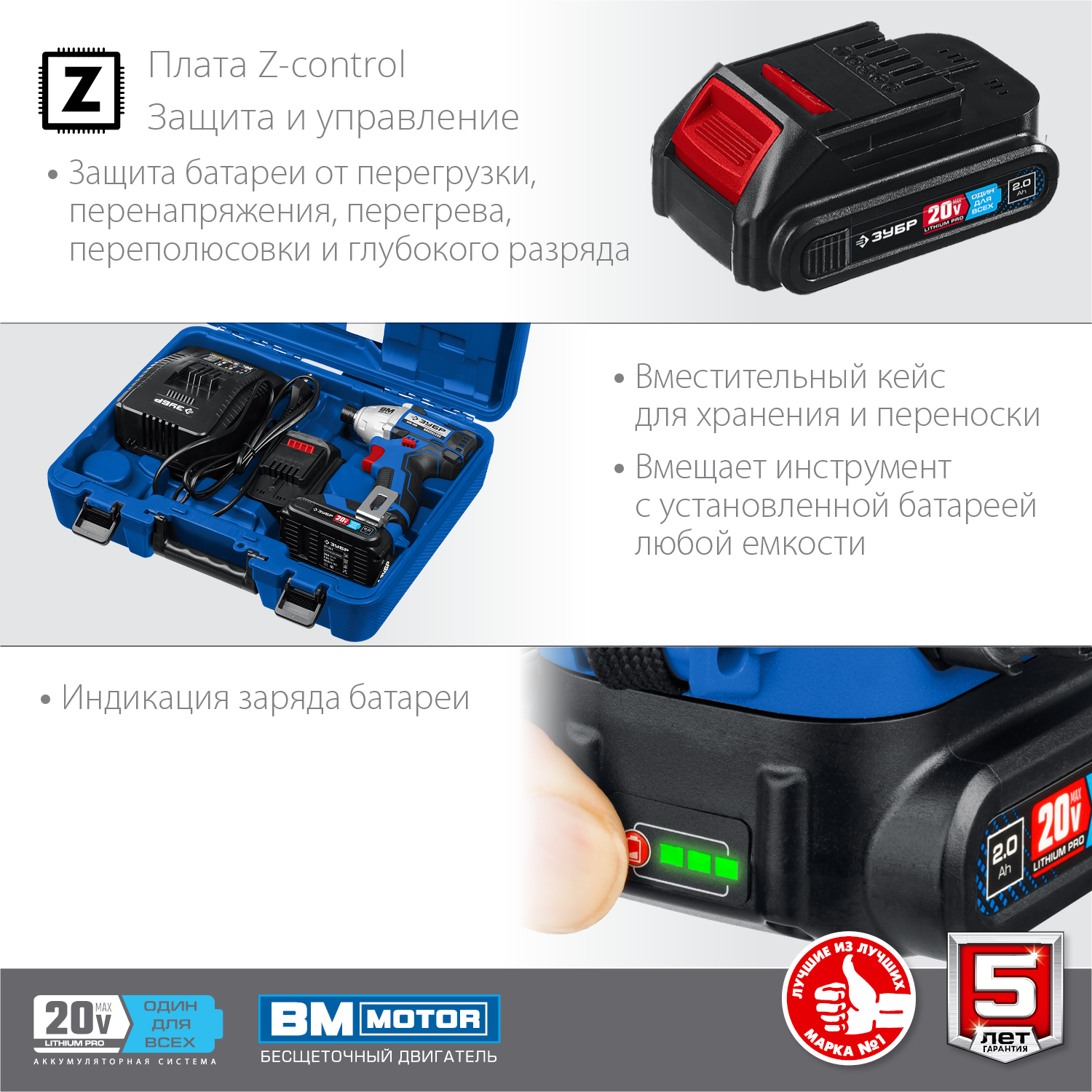 Винтоверт бесщеточный ЗУБР Профессионал Т7, 20 В, 280 Н·м, 2 АКБ (2 А·ч), кейс (GVB-250-22)