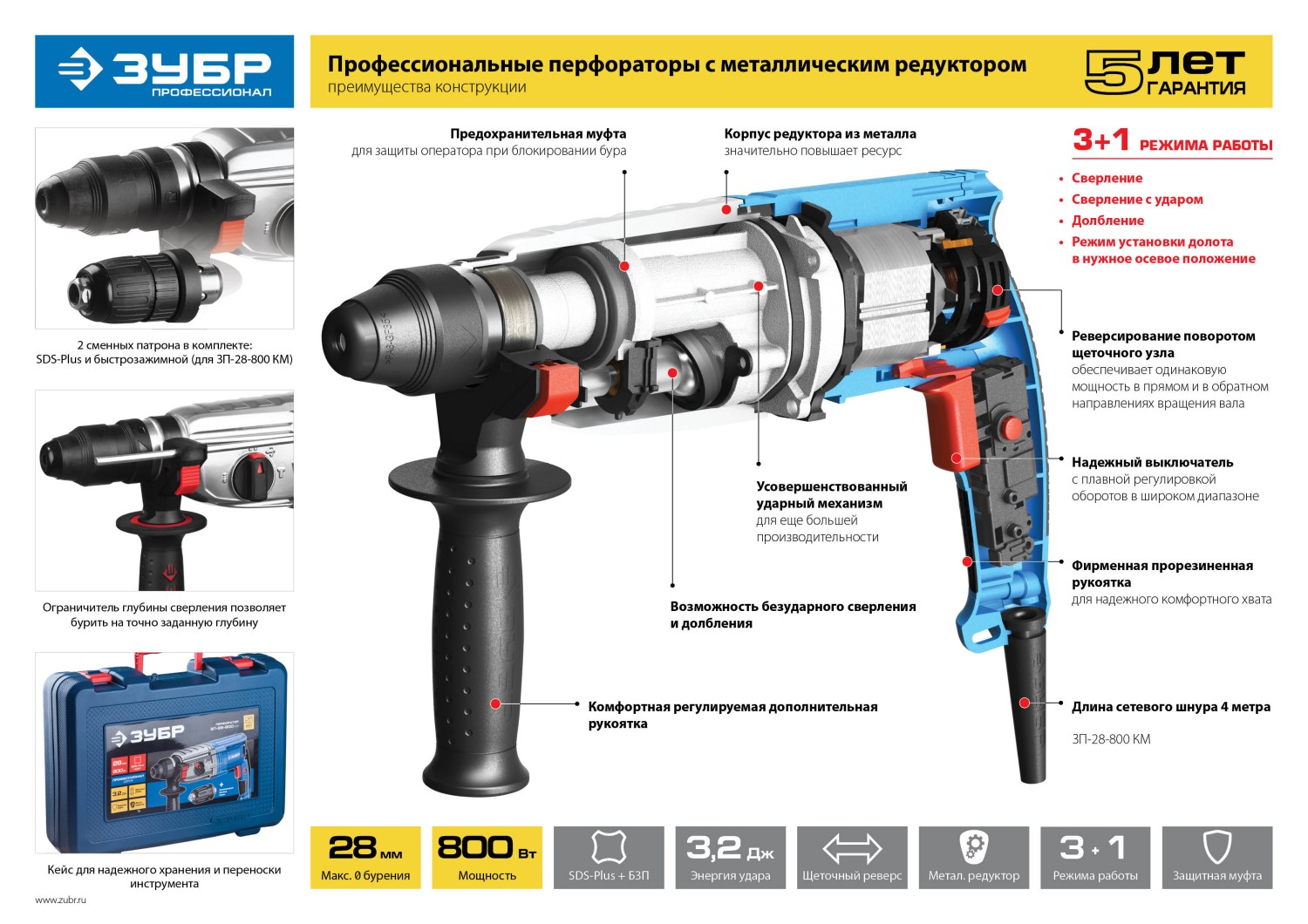 Перфоратор ЗУБР Профессионал SDS Plus, 28 мм, 800 Вт (ЗП-28-800 К)