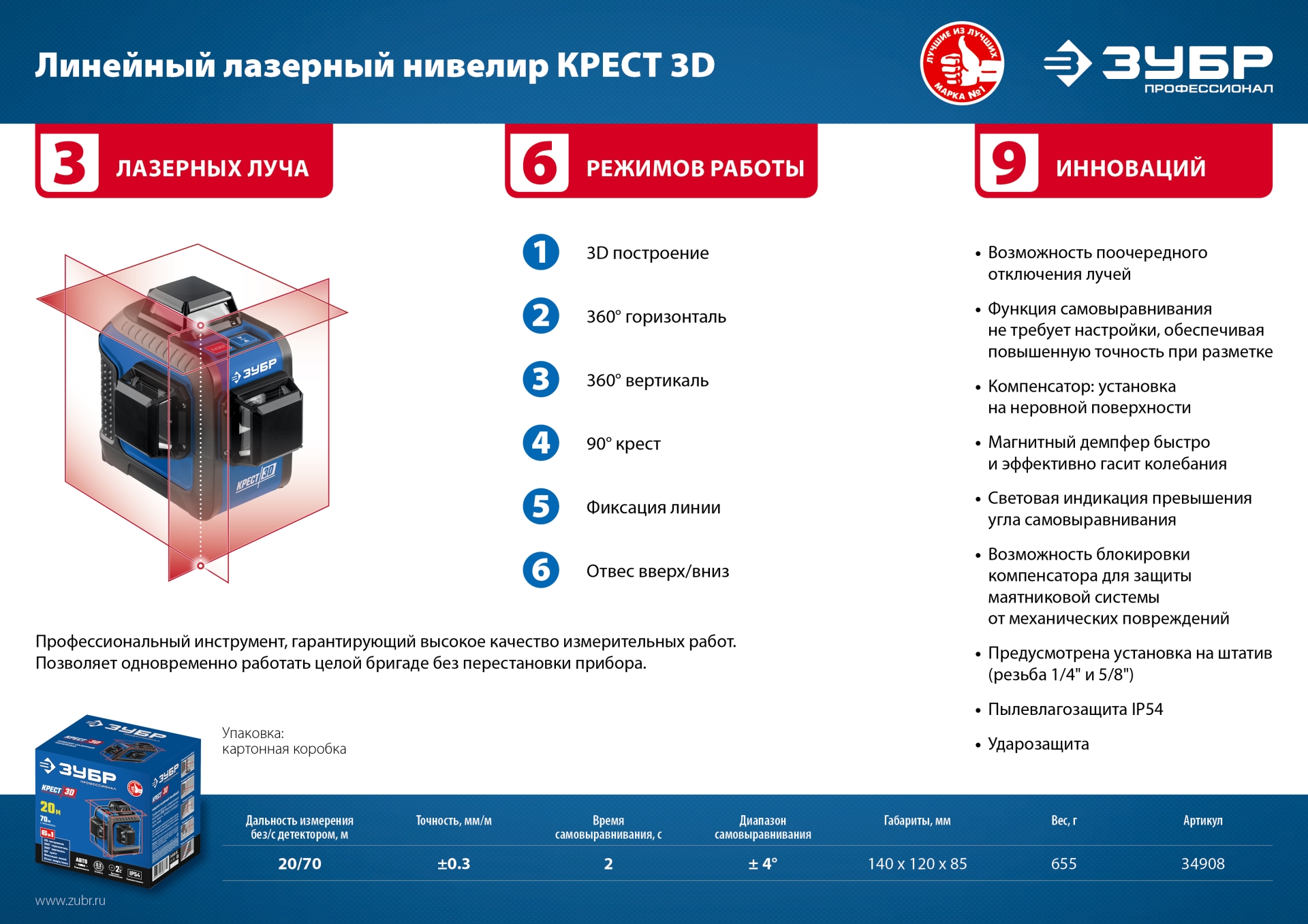 Лазерный нивелир ЗУБР КРЕСТ 3D, 20 - 70 м, Профессионал (34908)