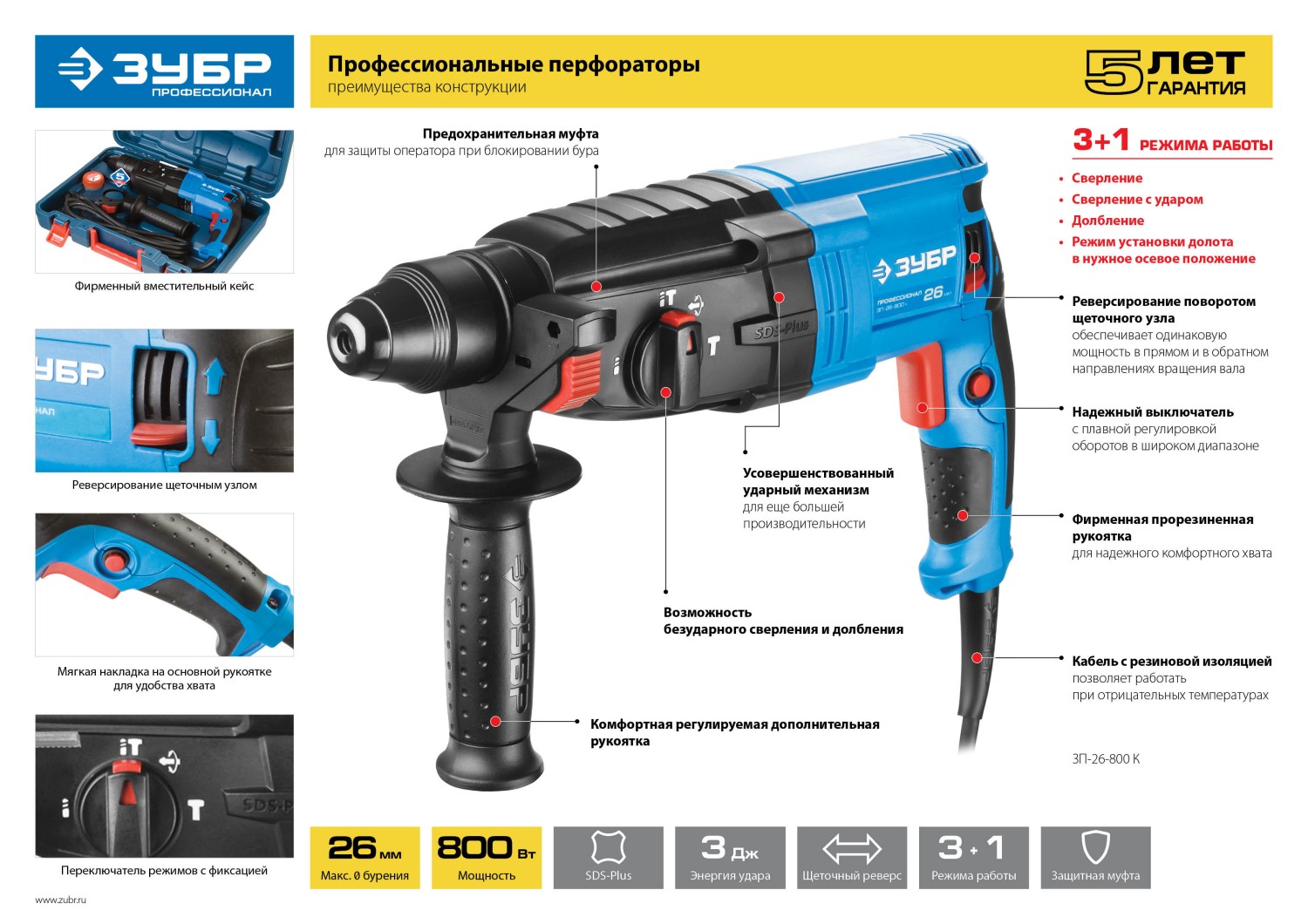 Перфоратор ЗУБР Профессионал SDS Plus 24 мм, 750 Вт (ЗП-24-750 К)