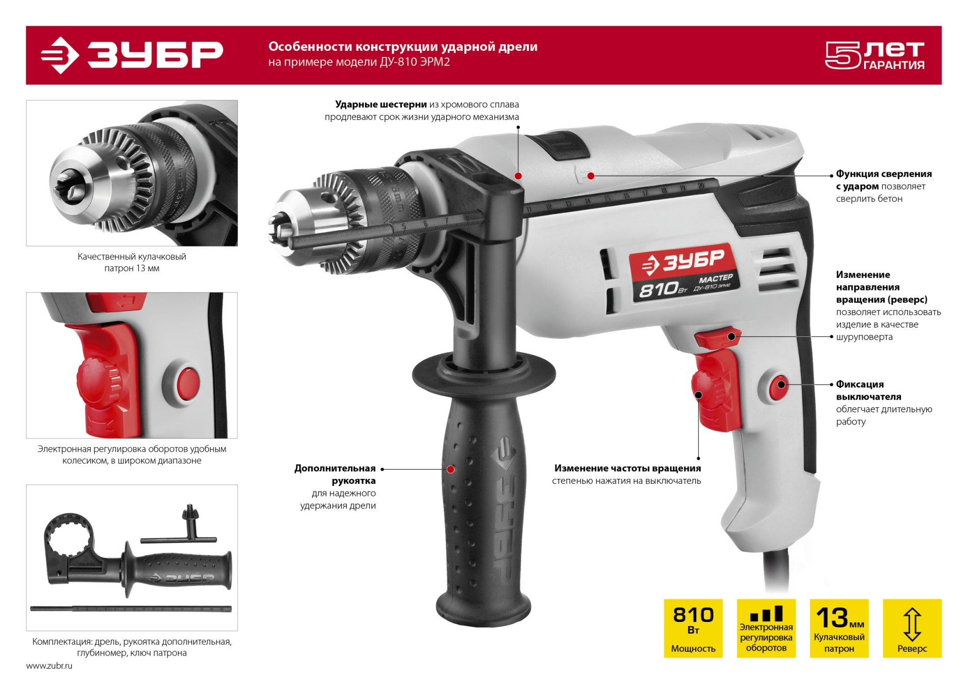 Дрель ударная ЗУБР 810 Вт, 13 мм