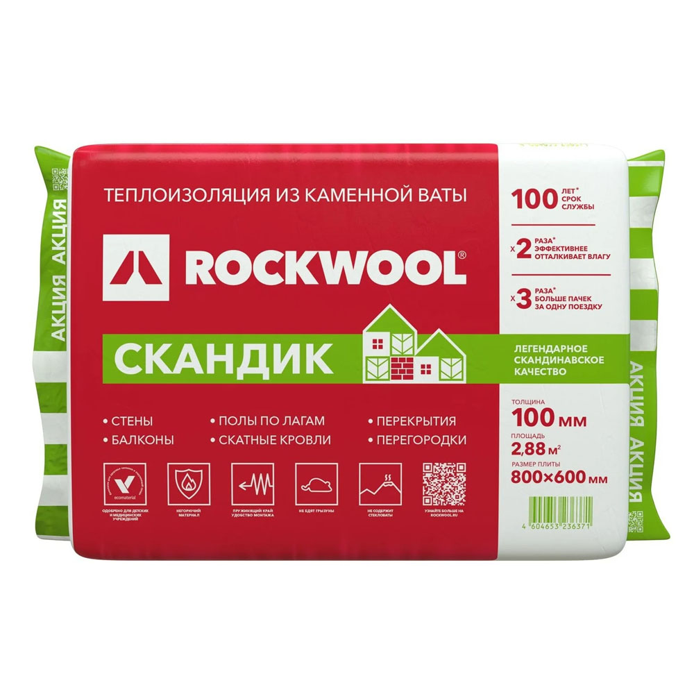 Утеплитель Rockwool Лайт Баттс Скандик 100х600х800мм (2,88м2 0,288м3)