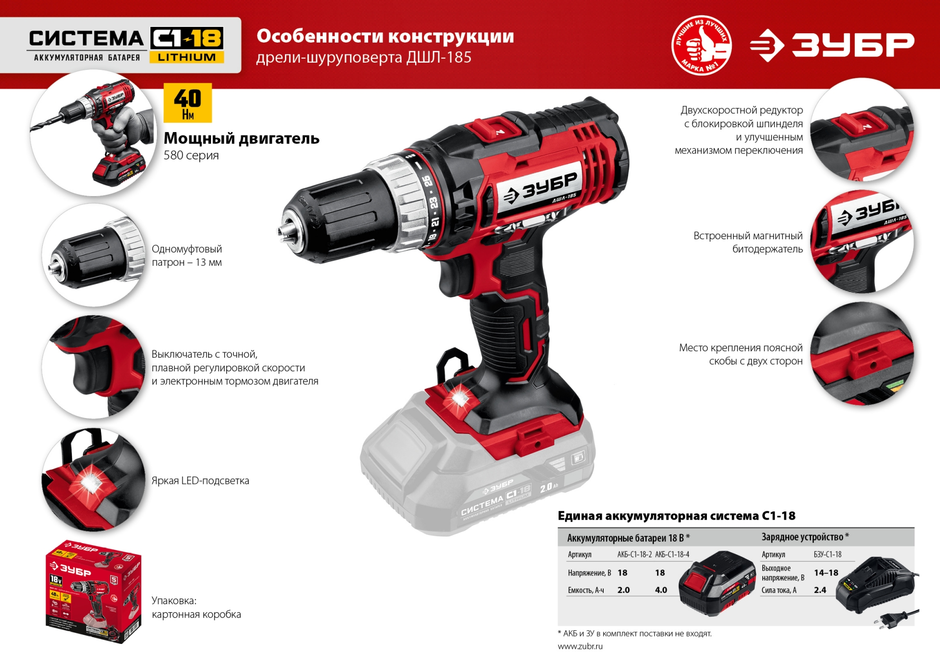 Дрель-шуруповерт ЗУБР С1-18, 18 В, 40 Н·м, без АКБ (ДШЛ-185)