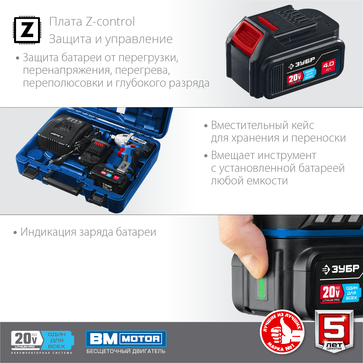 Гайковерт бесщеточный ЗУБР Профессионал Т7, 20 В, 280 Н·м, 2 АКБ (4 А·ч), кейс (GB-250-42)